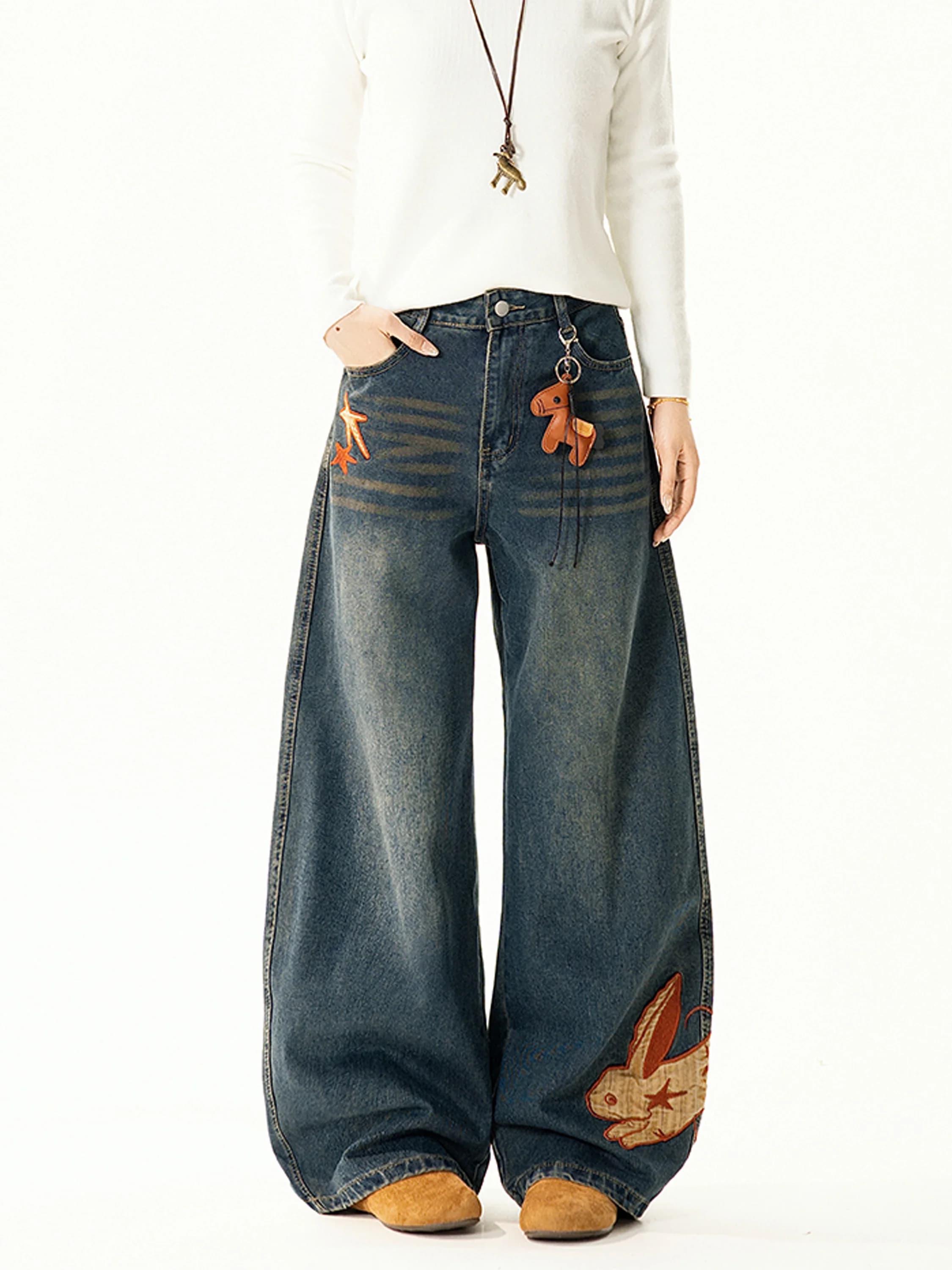 Retro Design Rabbit Embroidery Wide Leg Jeans Women Loose Casual Slimming Versatile Long Trousers Trendy High Waist Street Style