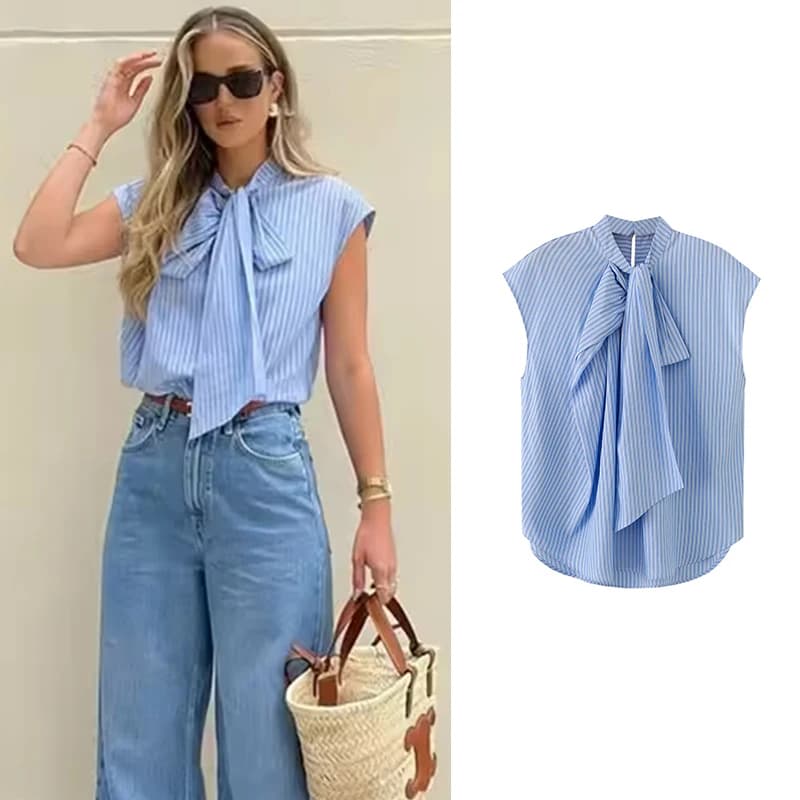 Nuove Camicie da Donna 2026: Blusa Estiva a Righe alla Moda con Colletto a Sciarpa Elegante, Top Chic da Ufficio e da Strada per Giovani Donne