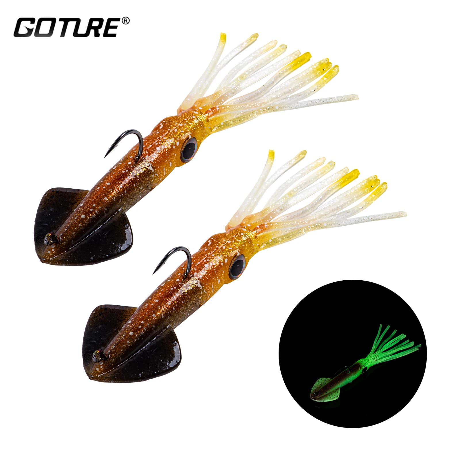 Goture Squid Bait 14cm 36g Esca artificiale morbida Calamari luminosi Glow PVC Piombo Sai Tuna Esca Vigili del fuoco Accessori per la pesca notturna