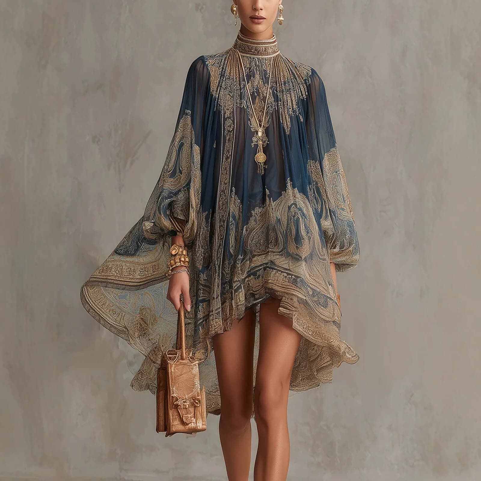 New European-style high-neck printed chiffon dress with loose, casual vacation-themed shawl sleeves.