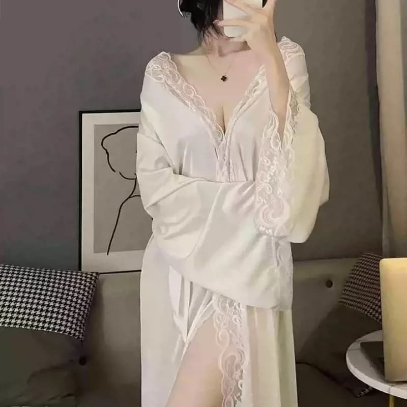 1 Piece Women's Underwear Plus Size Satin Robe Ice Silk Pajamas Nightgown Retro Lace Homewear Breathable Daily Loungewear