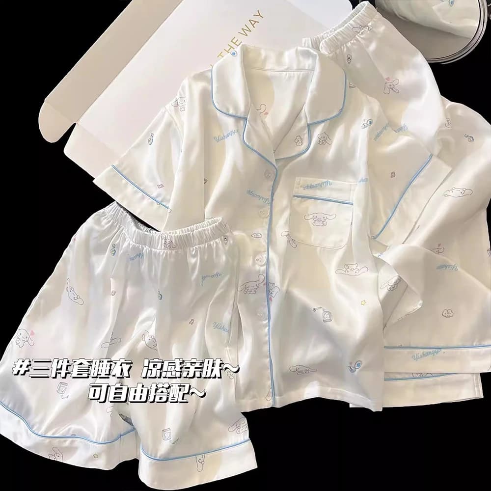 Hello Kitty Women's Ice Silk Pajamas Summer Short Sleeve Shorts 3-Piece Set Home Clothes Pajamas 2025 Summer New Collection Gift
