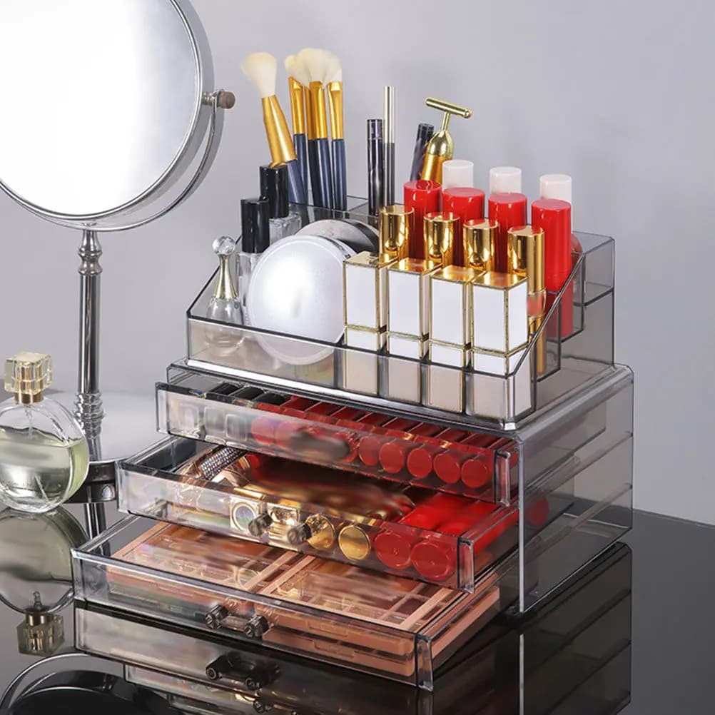 Organizer Trasparente Impilabile per Cassetti, Scatola Portaoggetti per Pennelli da Trucco, Rossetti, Fondotinta, Ombretti, Blush, da Scrivania