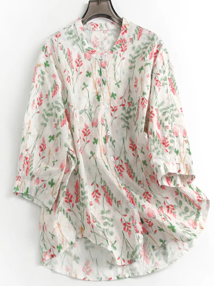 Camicia Comoda in Puro Cotone con Collo Tondo e Bottoni, Stampa Floreale, Blusa Estiva da Donna alla Moda con Maniche a Tre Quarti