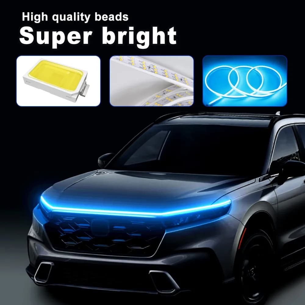 LED Car Daytime Running Light Strip - Blue & Yellow Dual Color Plug And Play Start Scan Turn Signal 12V Universal Car Hood Light