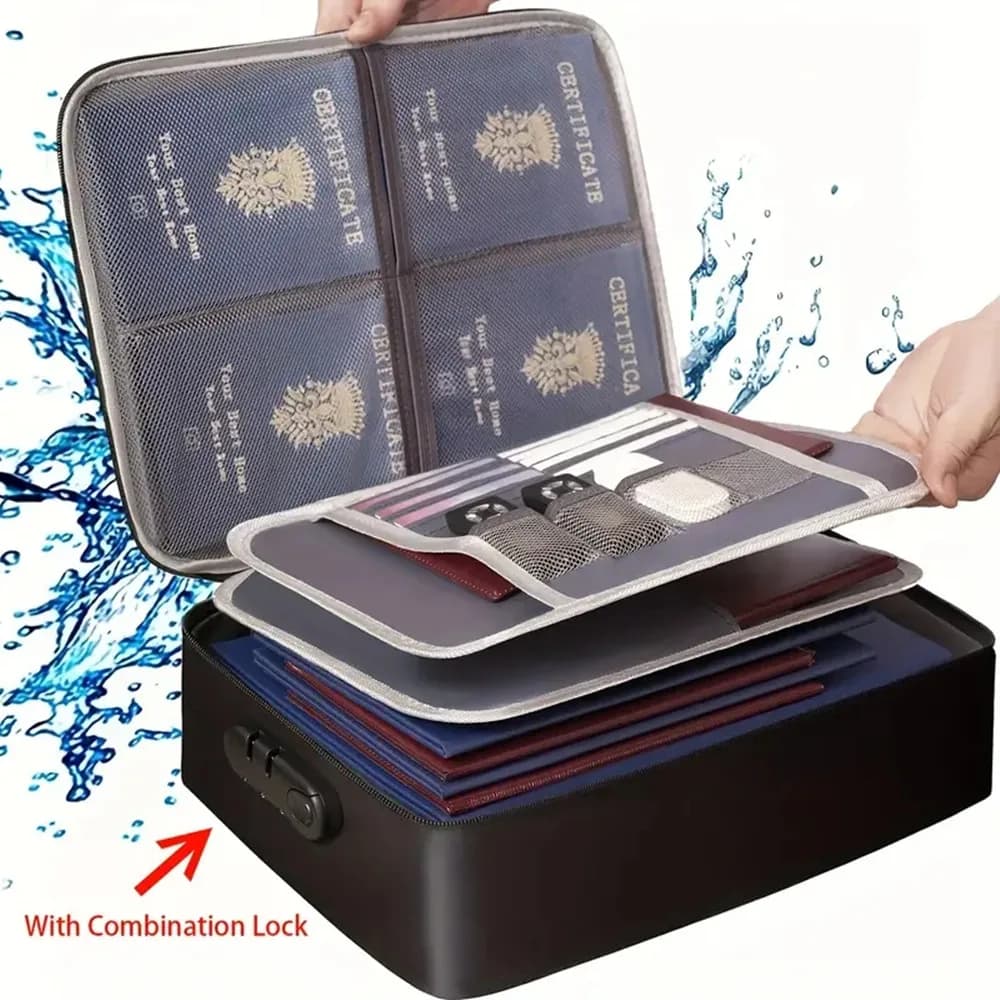 Portadocumenti nero con serratura con cerniera impermeabile, scatola portadocumenti a tre strati, borsa da viaggio sicura e portatile per l'organizzazione della casa