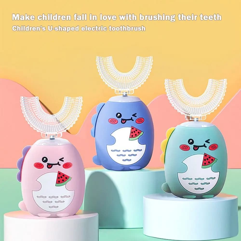 Spazzolino Elettrico con Testina in Silicone a Forma di U, Impermeabile, per Bambini, Design Dinosauro, Ricaricabile, Spazzolino Sonico