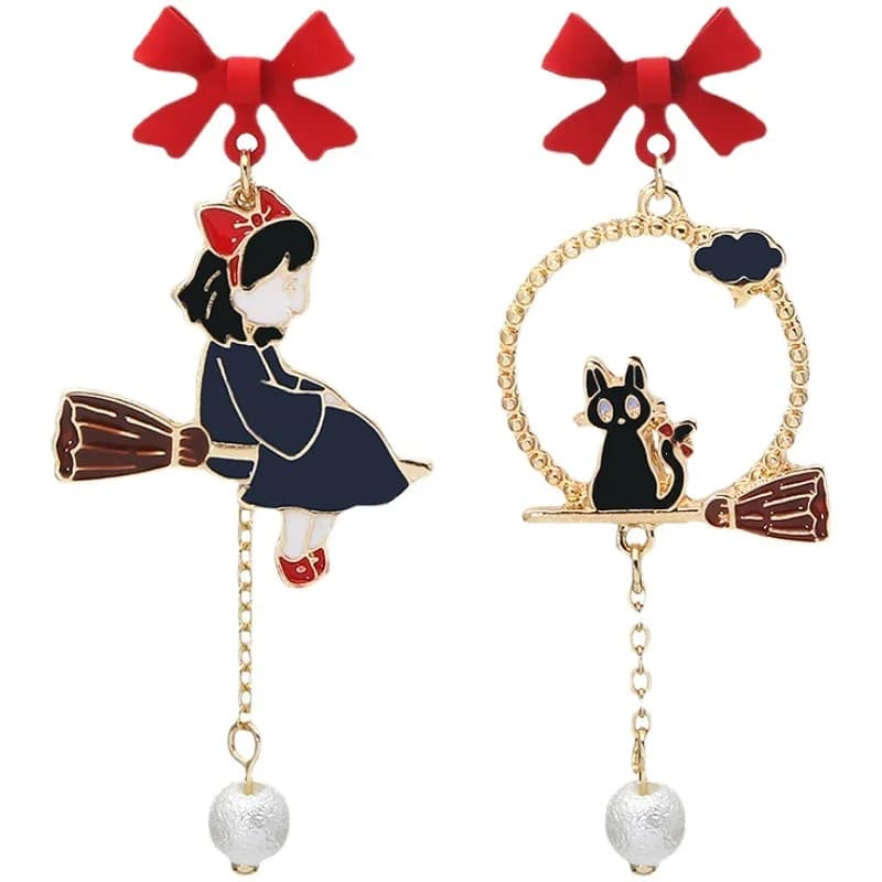 New Maiden Broom Red Bow Earrings Asymmetrical Personality Pearl Tassels Ear Studs Without Ear Hole Ear Clip