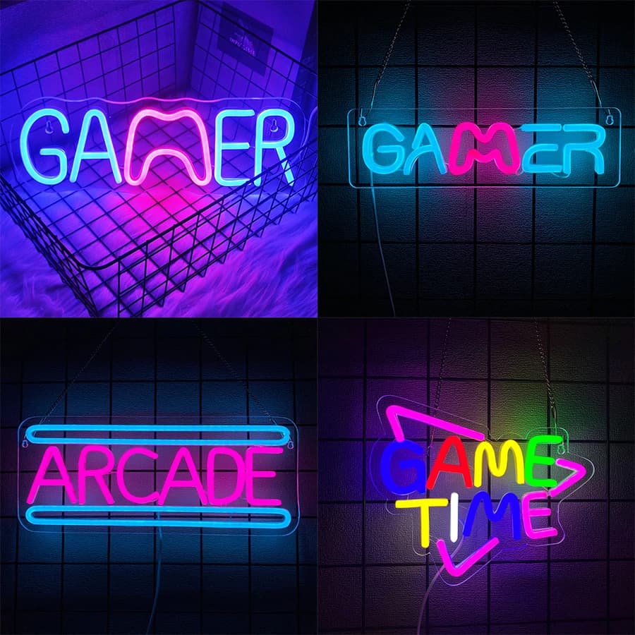 Insegna al neon a LED a tema gaming, con icona di controller e lettere, ideale per decorazioni murali, camera da letto, bar, club, man cave, lampada da parete artistica per sala giochi.