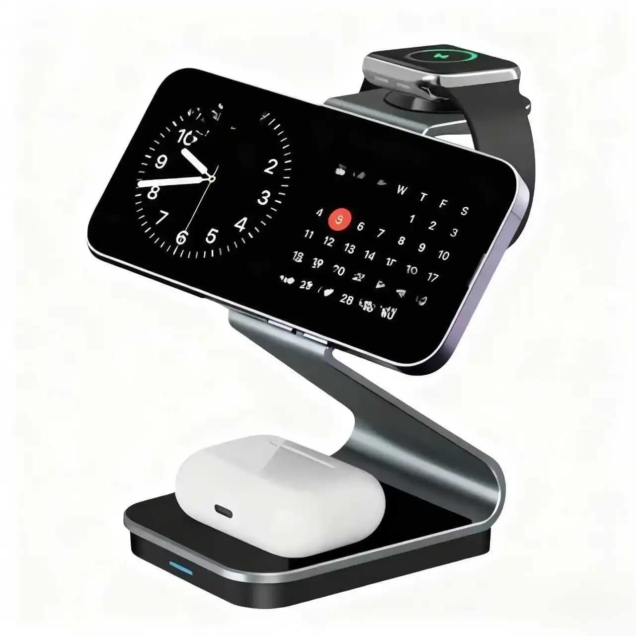 Multi 3 device in 1 15 W magnetic wireless charger for Magsafe iPhone 17 16 Apple Watch 10 9 headset with phone support