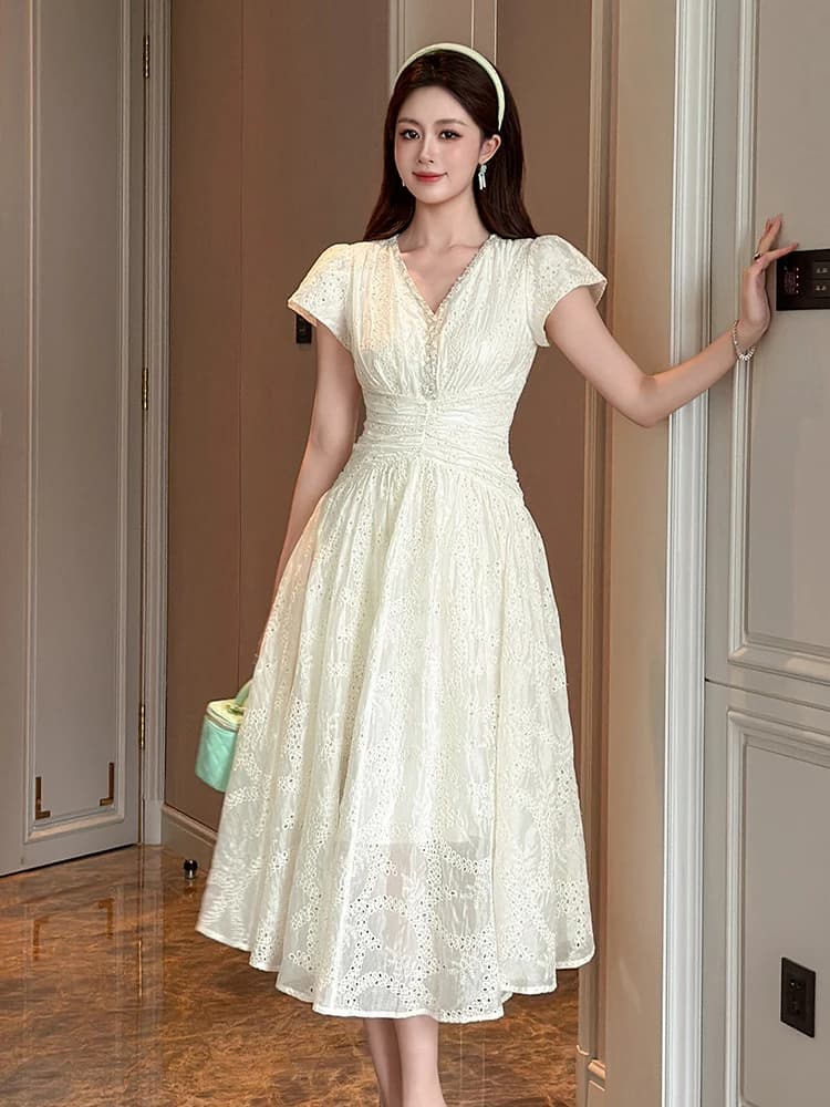 Nuovo Abito Estivo da Donna con Ricami Floreali, Scollo a V, Corsetto e Lunghezza Midi, Elegante Vestito da Sera per Feste, Abito Casual Femminile alla Moda