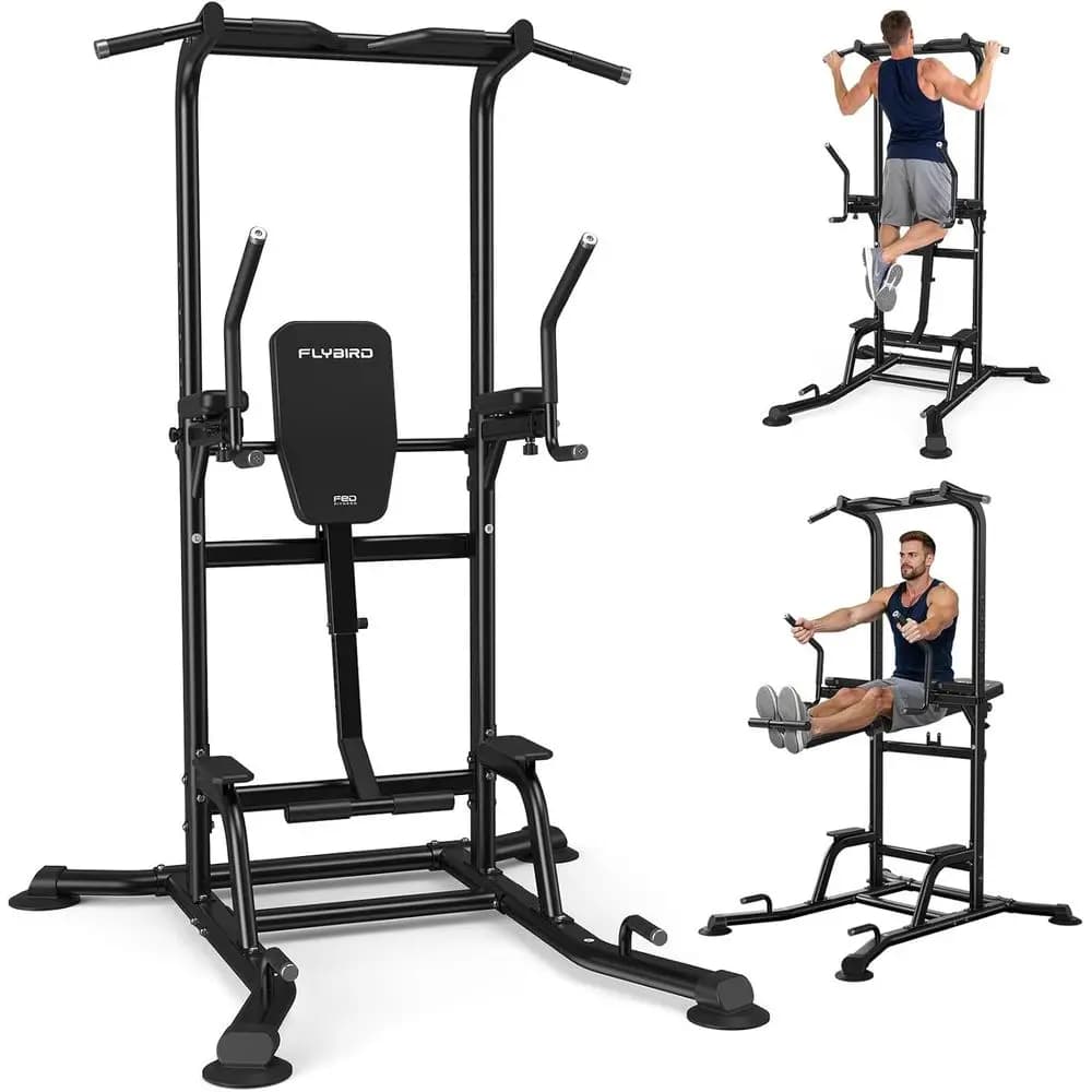Power Tower with assisted lifting for knees, multifunctional traction bar, dip station and core workout - Heavy duty home gym, 800 pounds