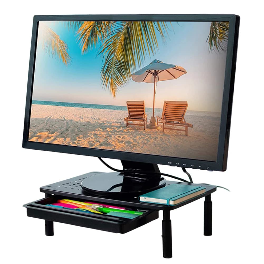 Supporto per Monitor con Cassetto, Stand per Computer in Metallo Regolabile a 3 Altezze, Ripiano per Stampante da Scrivania per Casa e Ufficio