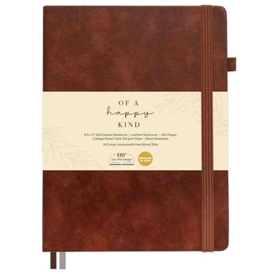Classic Lined Journal Notebook 8.5x11" Hardcover Leather - - College Ruled Large with Sticky Tabs, Pockets, and Pen Loop for Wr