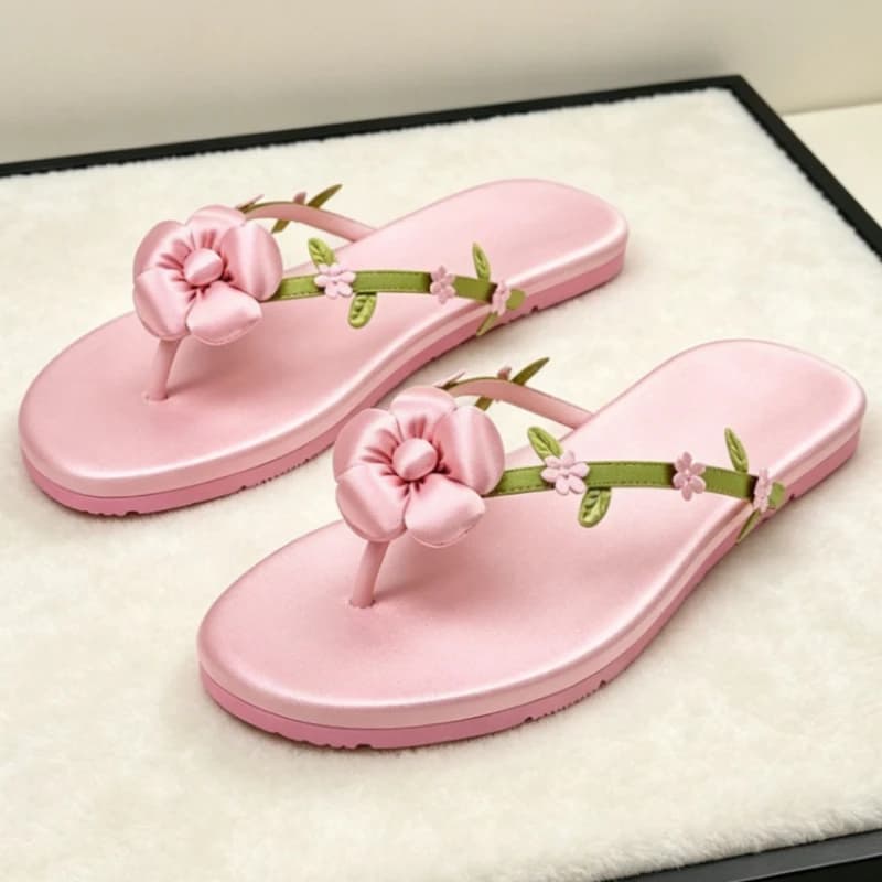 Infradito di Lusso da Donna con Fiori Rosa, Sandali in Raso con Punta Aperta, Scarpe Estive Comode con Suola Morbida, Scarpe da Spiaggia Firmate