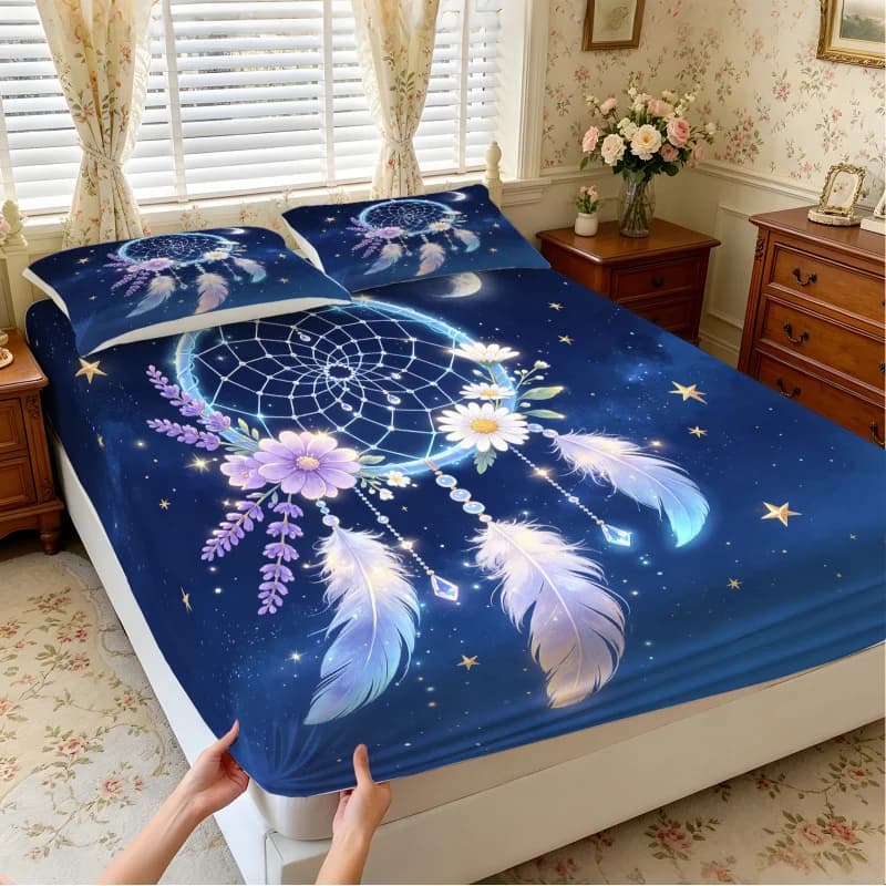 Galaxy Star Dreamcatcher Fitted Sheet Set, Bedding No Fillers, Bohemian Feather Graphic For Bedroom Interior Decor