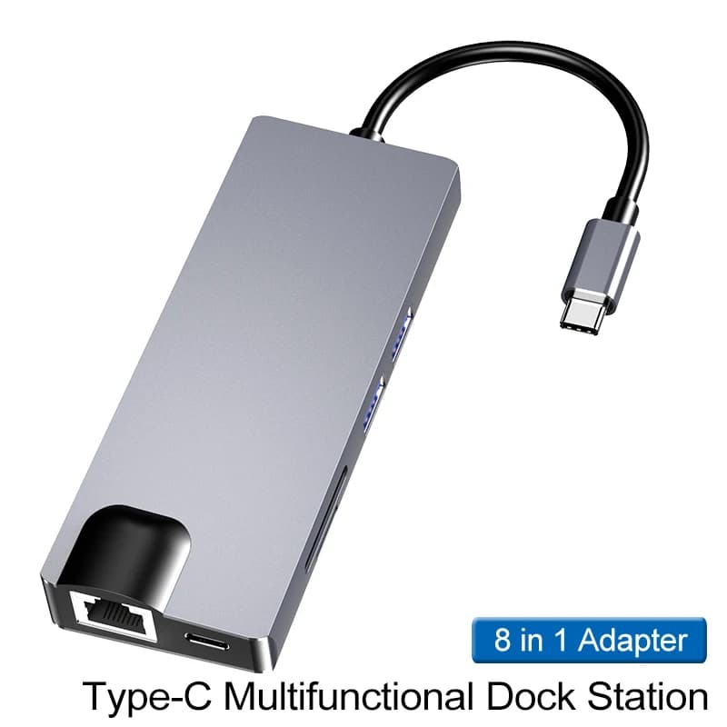 Docking station 8-in-1 in lega di alluminio, multi-interfaccia, ad alta efficienza, adatta per computer desktop, laptop, tablet, scrivania