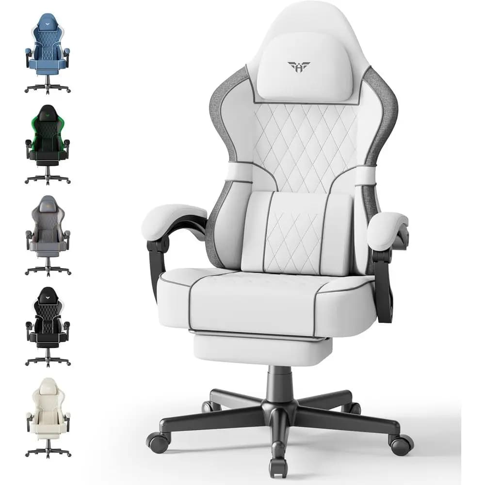 Ergonomic Breathable Fabric Gaming Chair with Footrest, Adjustable Armrests, and Lumbar Massage Support for Adults, White