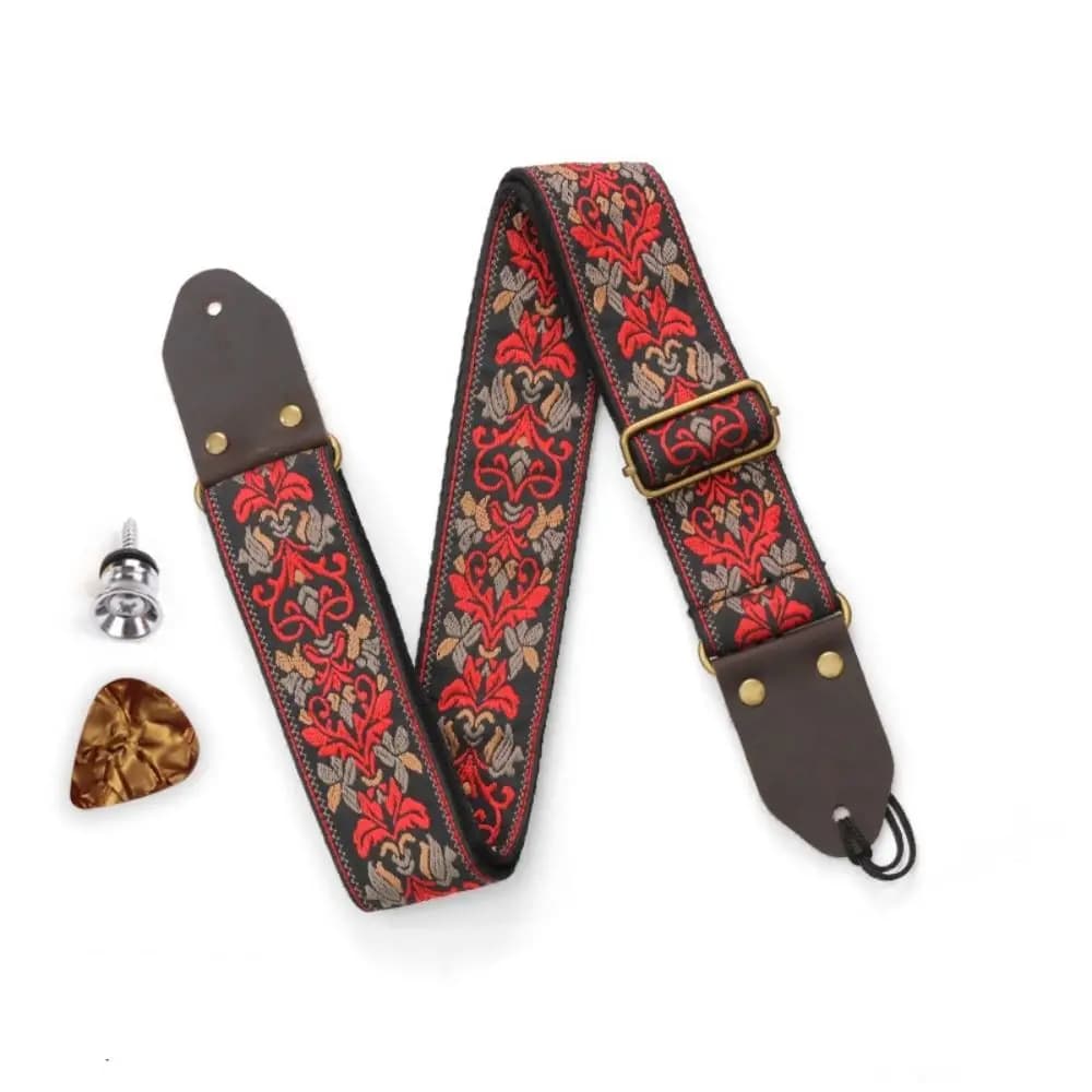 Vintage Flowers Embroidered Guitar Strap Leather Head Tail Nail Pick Guitar Strap Belt Ultra Thick Adjustable