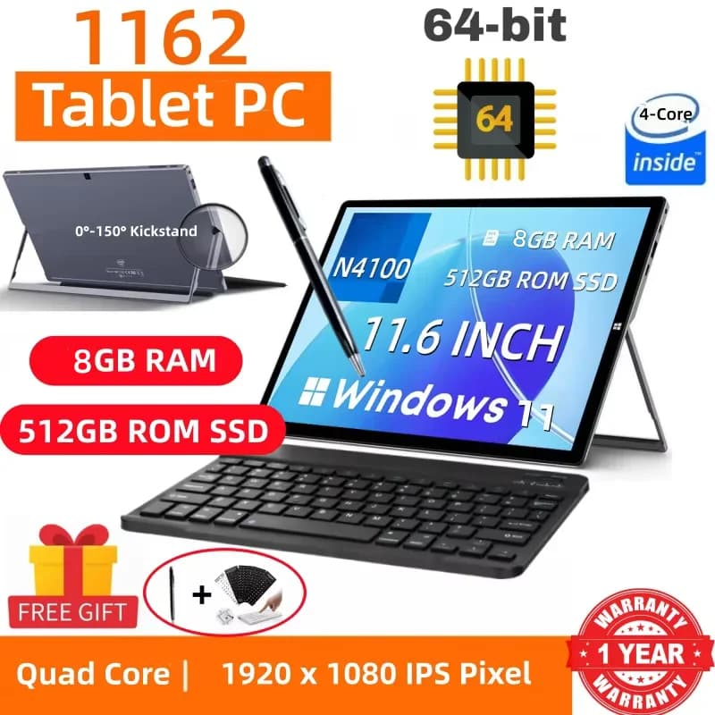 11.6-inch Windows 11 tablet PC with 8GB RAM, 512GB ROM SSD, 64-bit Intel Celeron N4100 processor, 1920 x 1080 pixel resolution, 2 USB 3.0 ports and 1 Type-C port.