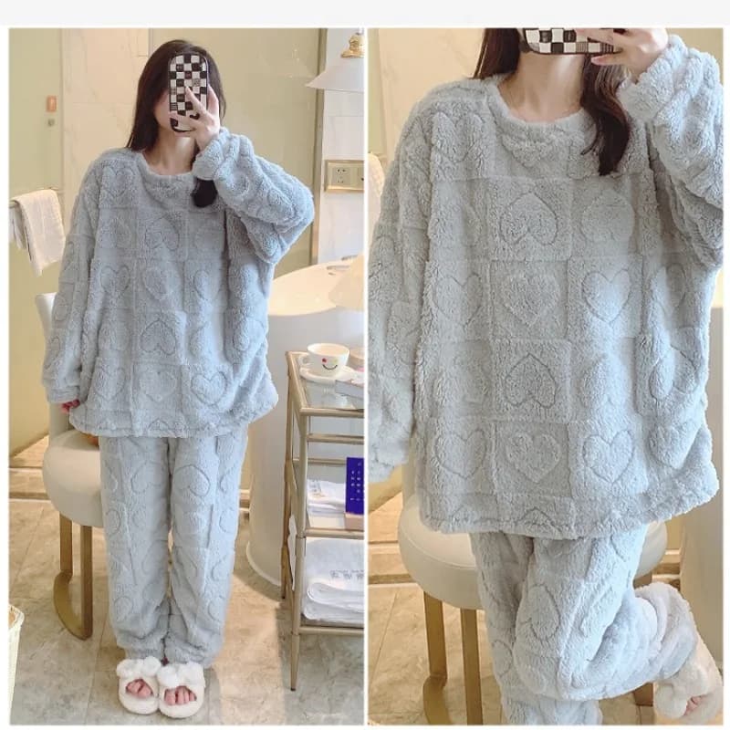 Pigiama di peluche oversize 5XL Set pile di corallo da donna Autunno Inverno Vestiti caldi per la casa Dolce maniche lunghe Allentato addensato Homewear