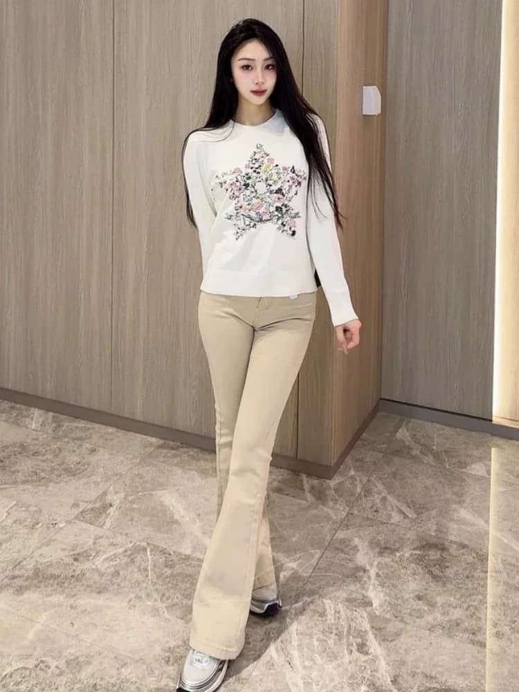 American Sle High Waist Cotton Stretch Denim Pants Women's Casual Loose Fit Flared Jeans Summer Autumn Faion plus Size