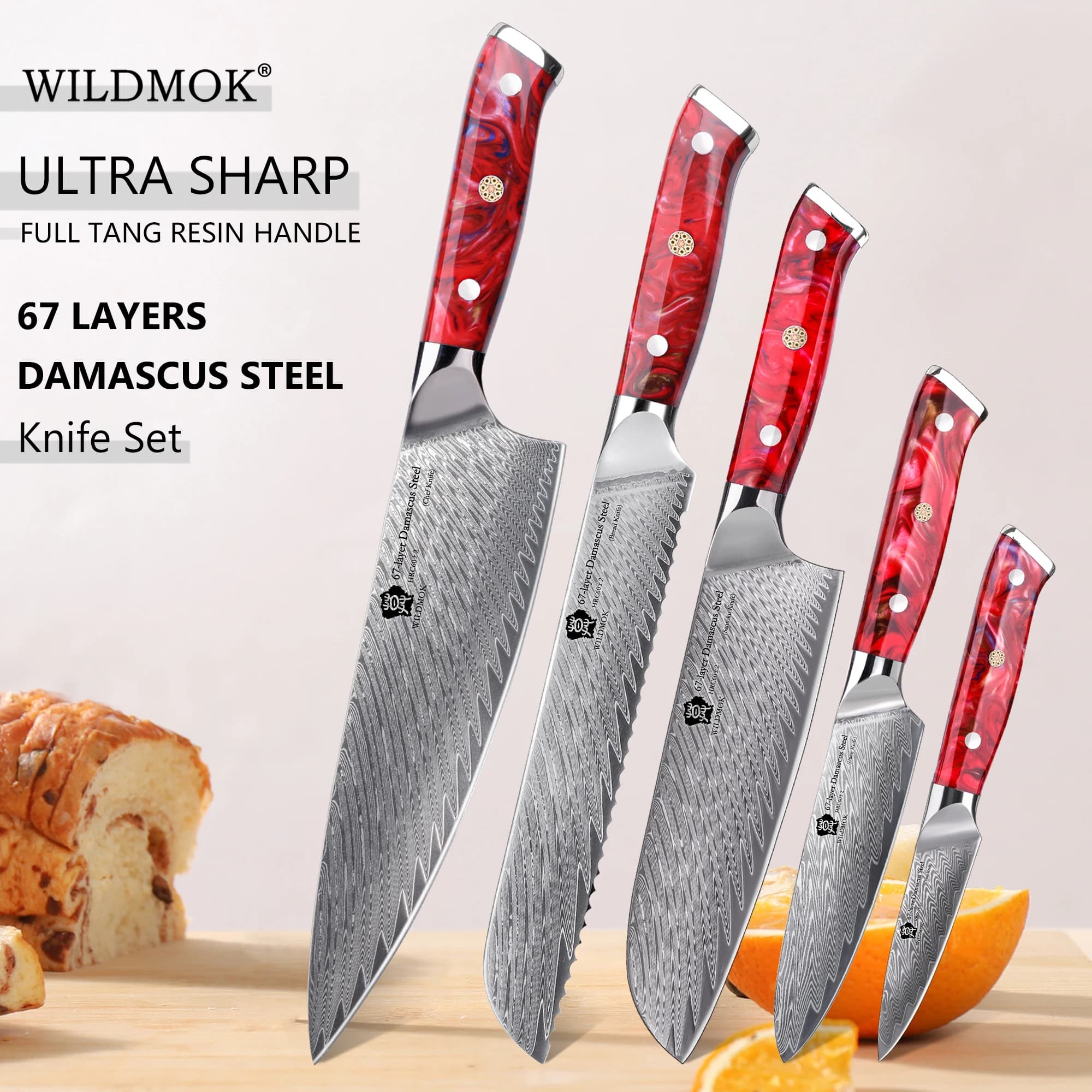 WILDMOK Handmade 5 PCS Damascus Cutlery, Razor Sharp 67 Layer VG10 Core Blade, Exquisite Non-Slip Resin Handle Kitchen Gift Set