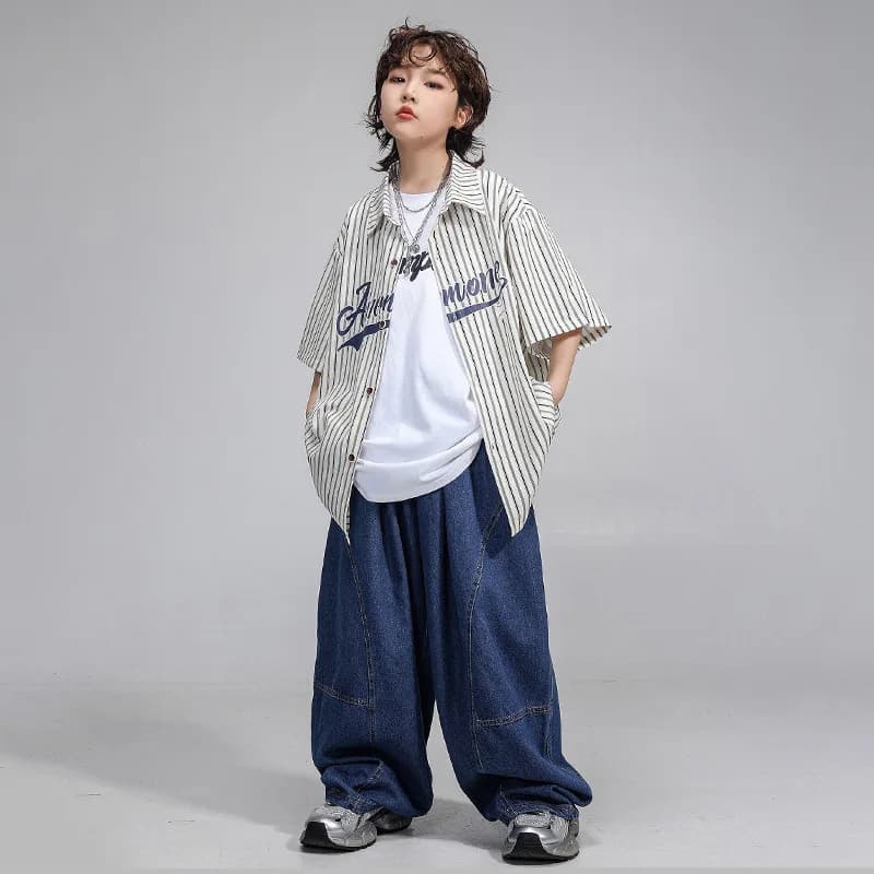 Kid Kpop Abbigliamento Hip Hop Camicia a maniche corte a righe Denim Blu Pantaloni jeans larghi casual per ragazza Ragazzo Abiti da ballo jazz