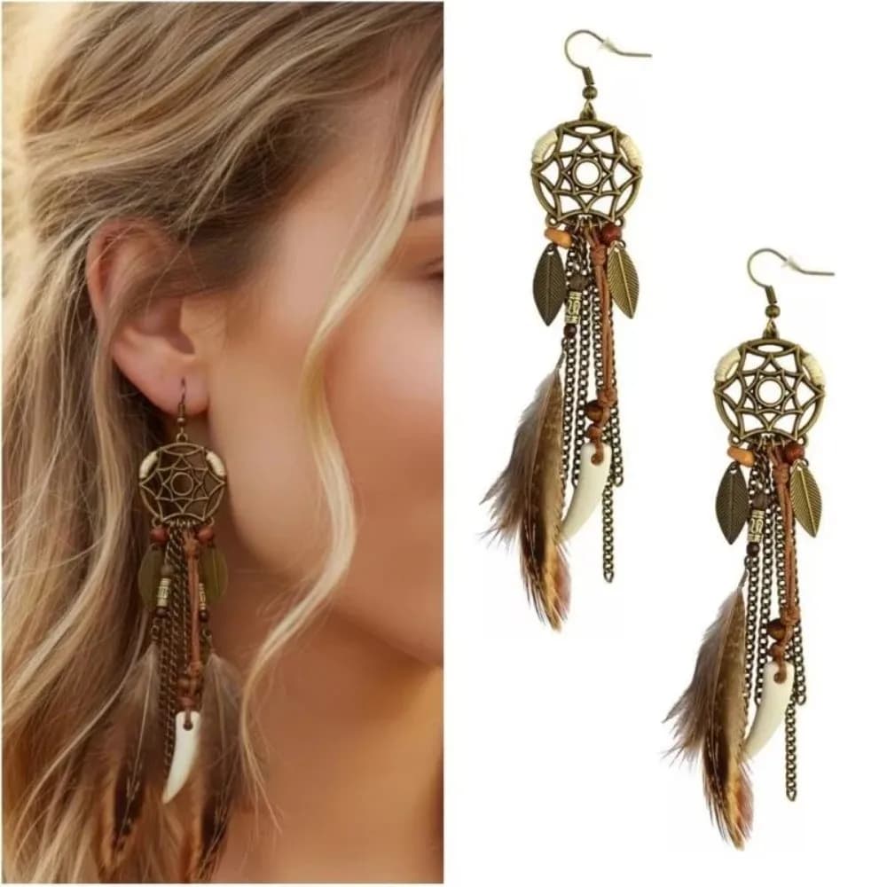 Bohemian Style Dangling Drop Earrings Antique Leaf Pendant Tassel Earrings Handmade Long Dream Catcher Earrings For Women