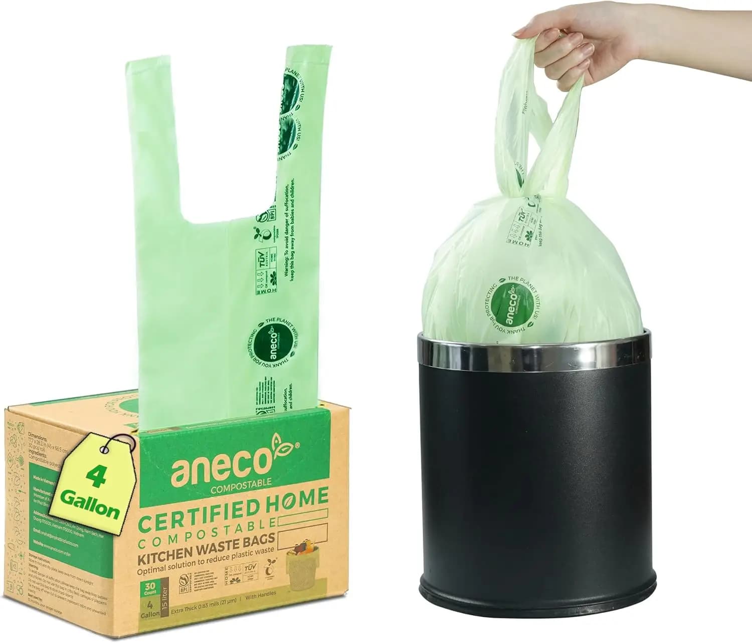 Sacchetti Compostabili per Rifiuti Alimentari da 4 Galloni con Manici, Sacchetti Extra Spessi per Cucina/Bagno, Certificati BPI & OK Compost HOME