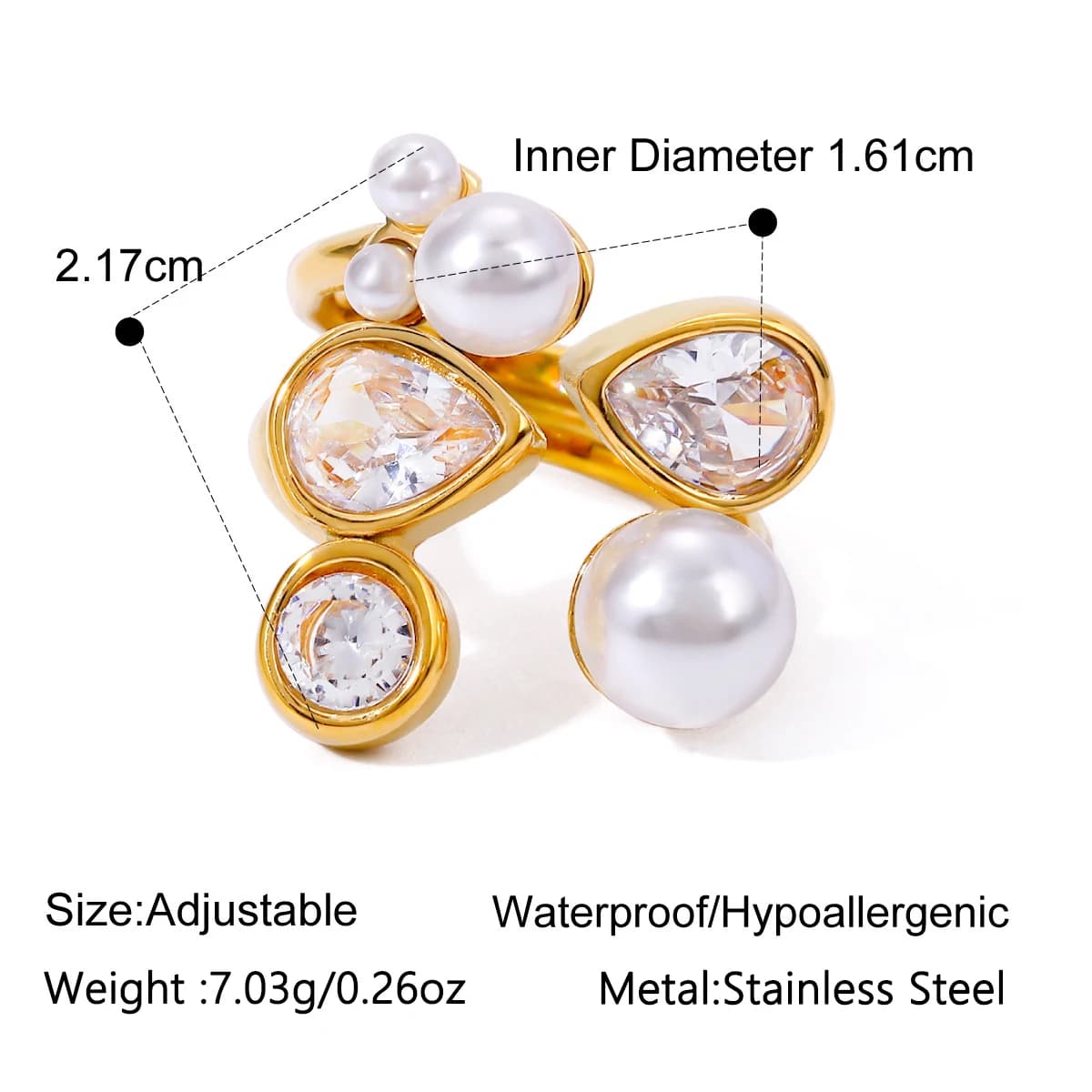 Anello Aperto Regolabile in Acciaio Inossidabile Placcato Oro 18K per Donne, con Perla Finta e Zirconia Cubica, per Uso Quotidiano, Feste e Vacanze