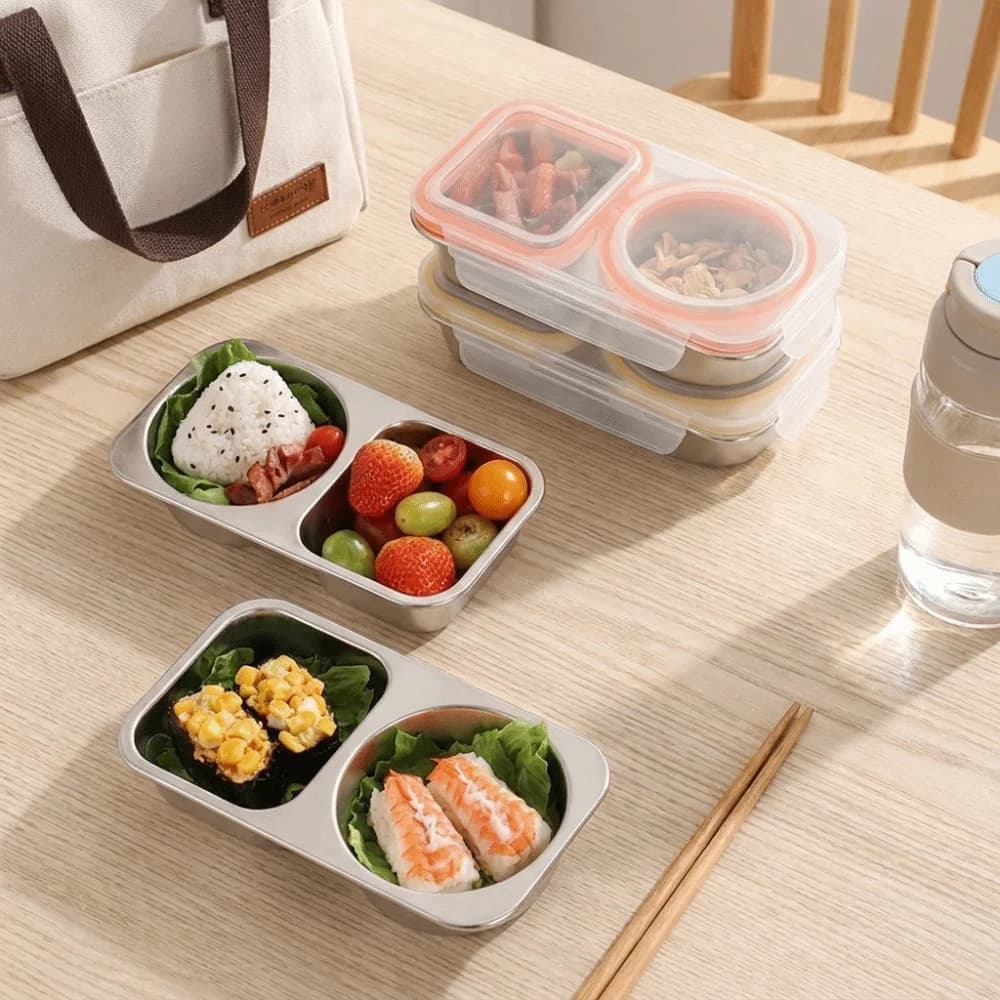 Microwave-Safe Food Divided Box Dual Compartments Leakproof Stainless Steel Lunch Box Airtight Meal Prep Container Office Lunch
