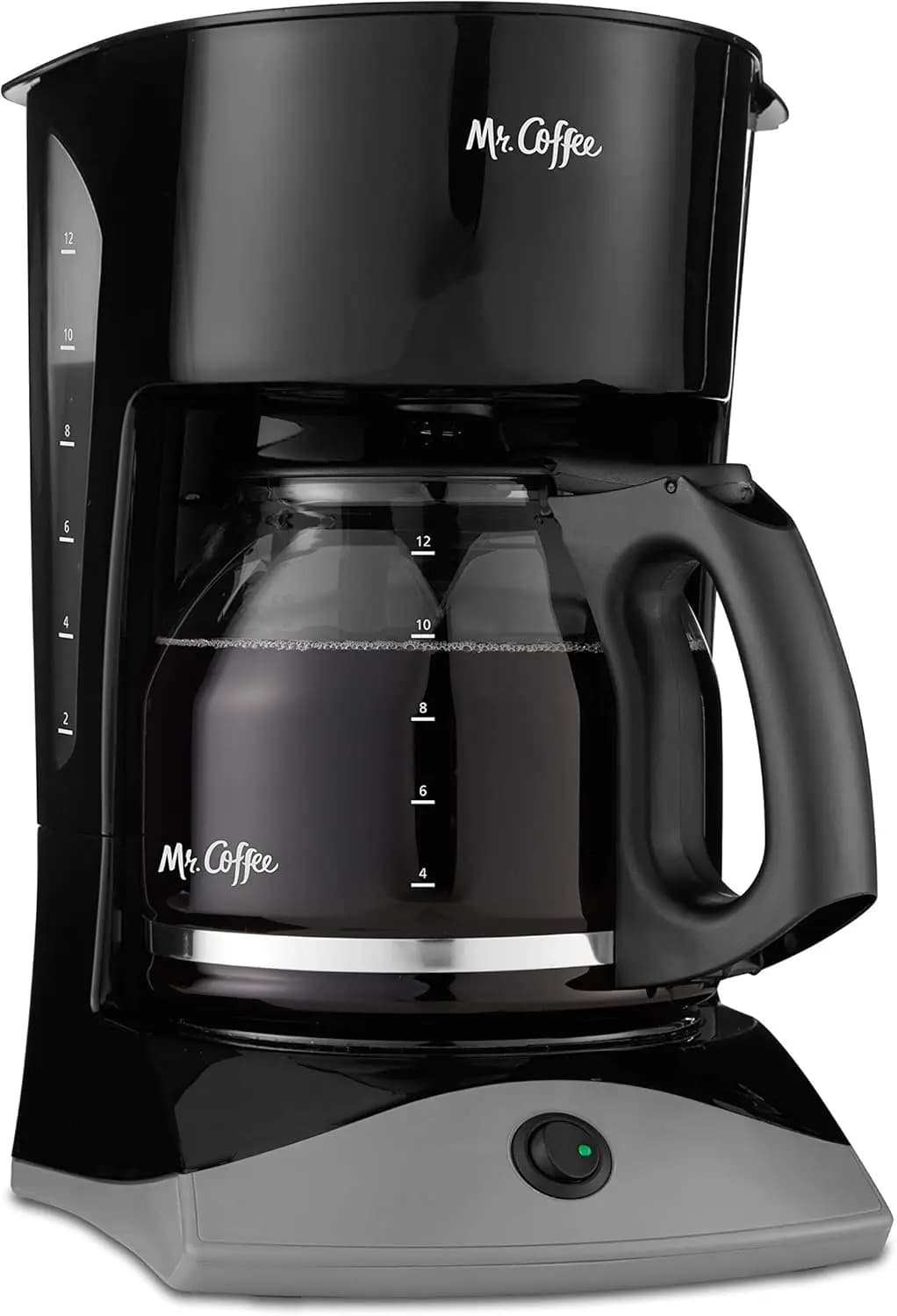 Black coffee maker with 12 cups with automatic break and glass carafe, ideal for domestic and office use