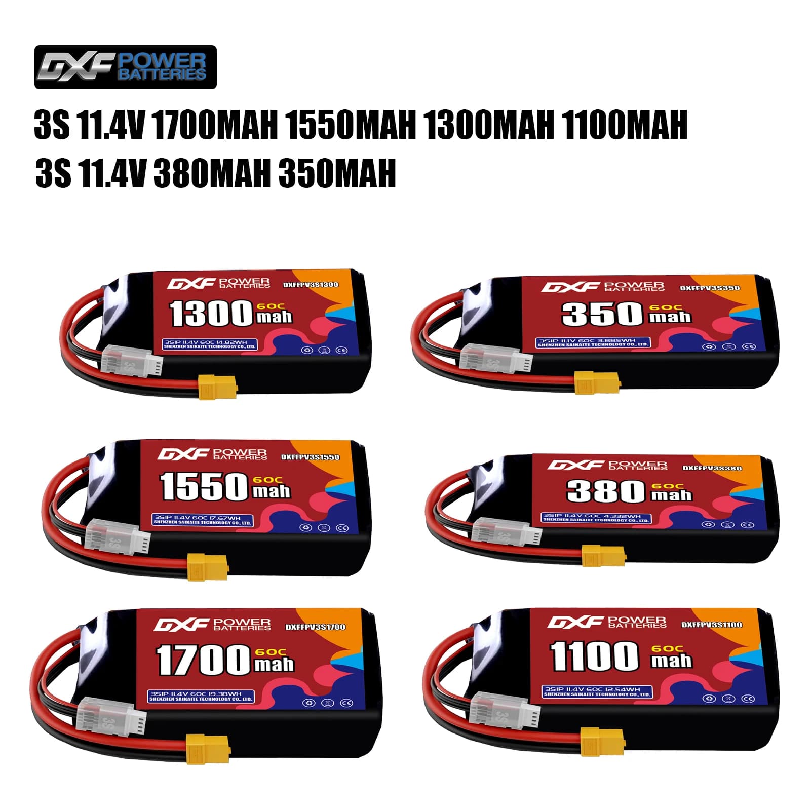 Batteria DXF Lipo 3S 11.4V 1700mAh 1550mAh 1300mA 1100mAh 380mAh 11.1V 350mAh 60C XT30 XT60 JST Spina per FPV Quadcopter Drone
