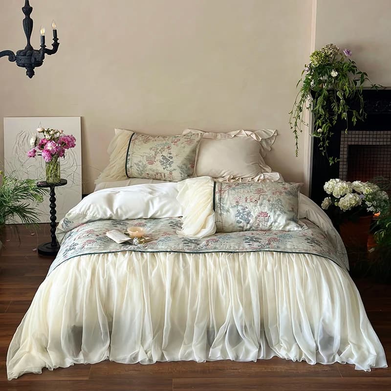 Bed linen set 4 Pieces in Lyocell Cotton with Lace and Volant, Soft and Delicate on Leather, Includes Cover, Bed linen and Loyalty