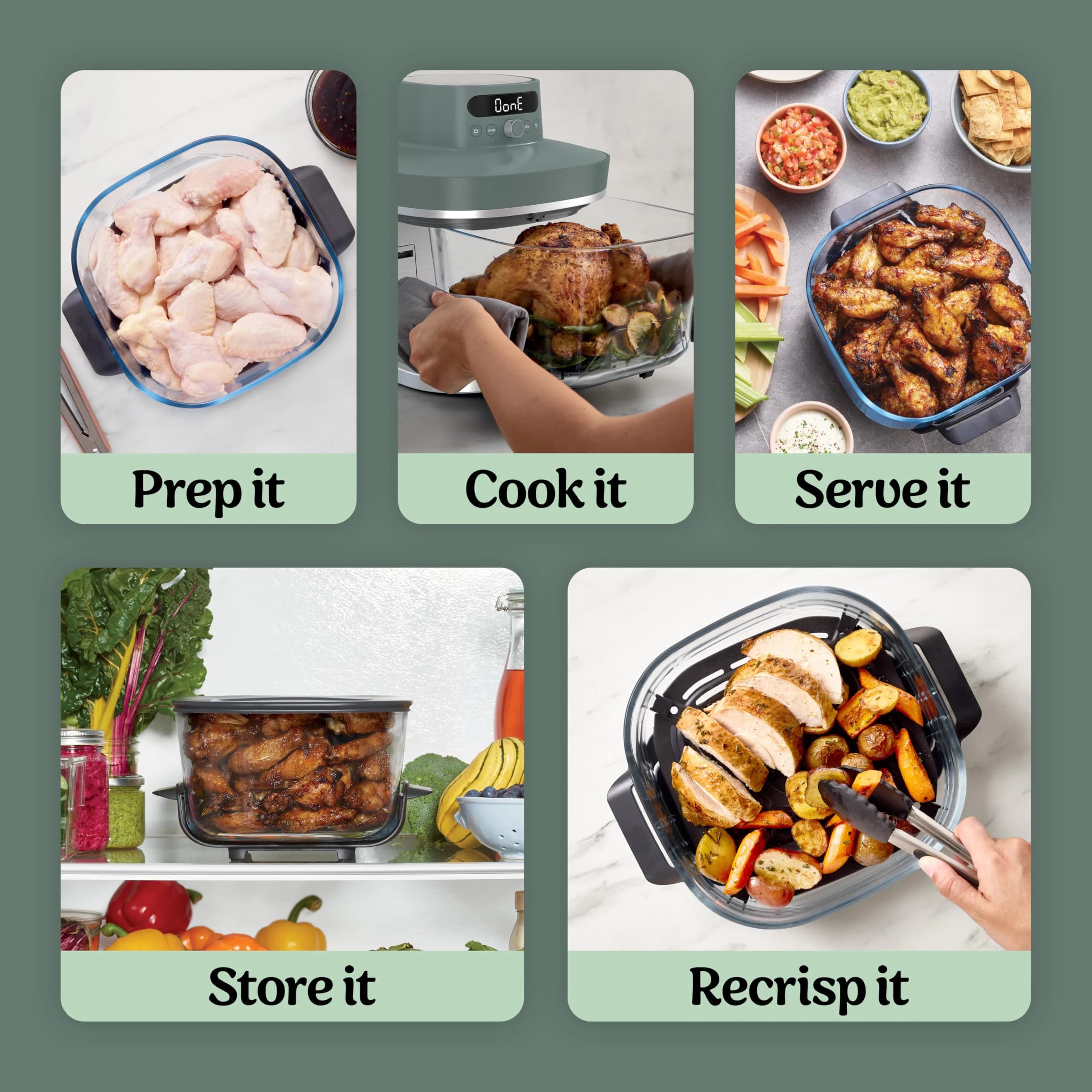 6-in-1 Glass Air Fryer | Oil-Free Grill | 450F Nontoxic 6qt 2.5qt Containers Lids | Microwave Dishwasher Safe Automatic 1 Year