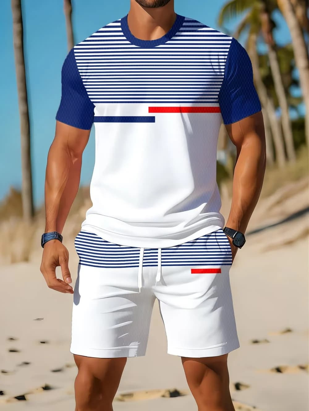 Completo Set Estivo 2026 da Uomo: Nuovo Arrivo Casual con Stampa 3D a Righe, Maglietta a Maniche Corte e Pantaloncini Sportivi - Set Fitness Uomo
