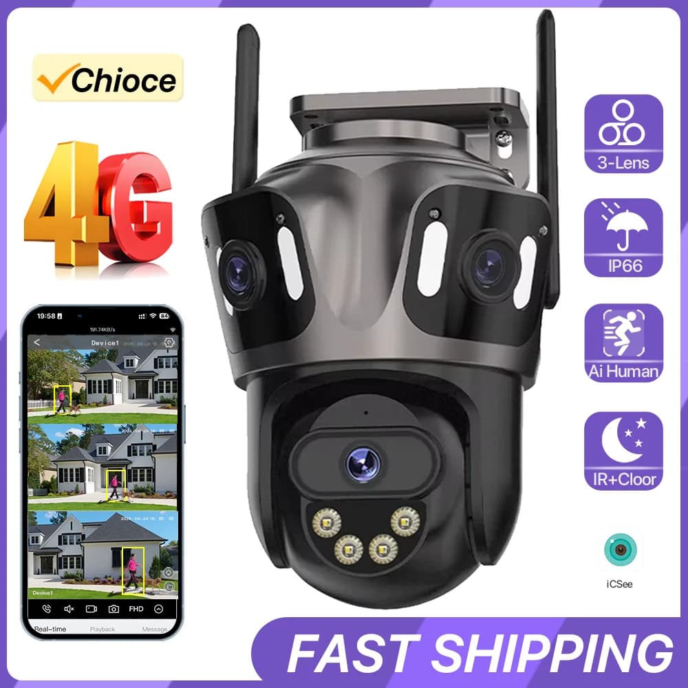 WONSDAR 4G SIM Card Security PTZ Camera Three Lens Three Screen Human Detection Camera Outdoor Surveillance Camera ICSsee