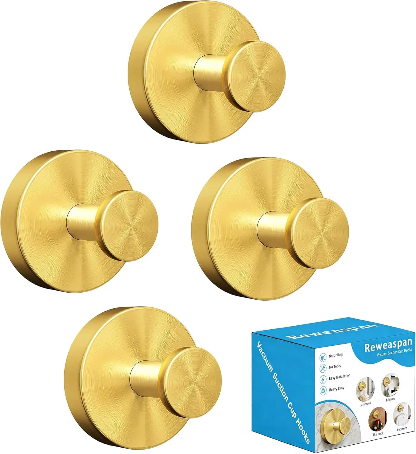 Ganci a ventosa resistenti per doccia, ganci da parete senza danni per asciugamani, accappatoi, cappotti, portata 15 libbre - confezione da 4, oro spazzolato