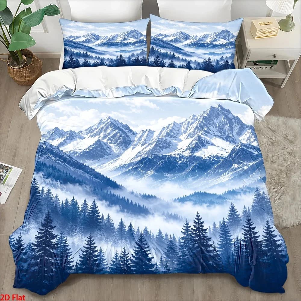 3Pc Nordic Style Duvet Cover Set, Three-Piece Bed Set (1*Duvet Cover + 2*Pillowcases), All-Season Double Bedding, Skin-Friendly Breathable Polyester Woven Bedding, Quilted Duvet Cover with Invisible Zipper, Soft and Comfortable, Wrinkle-Resistant, Easy to Clean, Modern Minimalist Light Luxury Bedroom Decor, Machine Washable and Durable Dormitory Bedding, Suitable for Home Master Bedroom, Guest Room, Student Dormitory, Printed Cloud, Mist, Snow Mountain, Forest Pattern Bedspread Set, Large Double Bed Cover