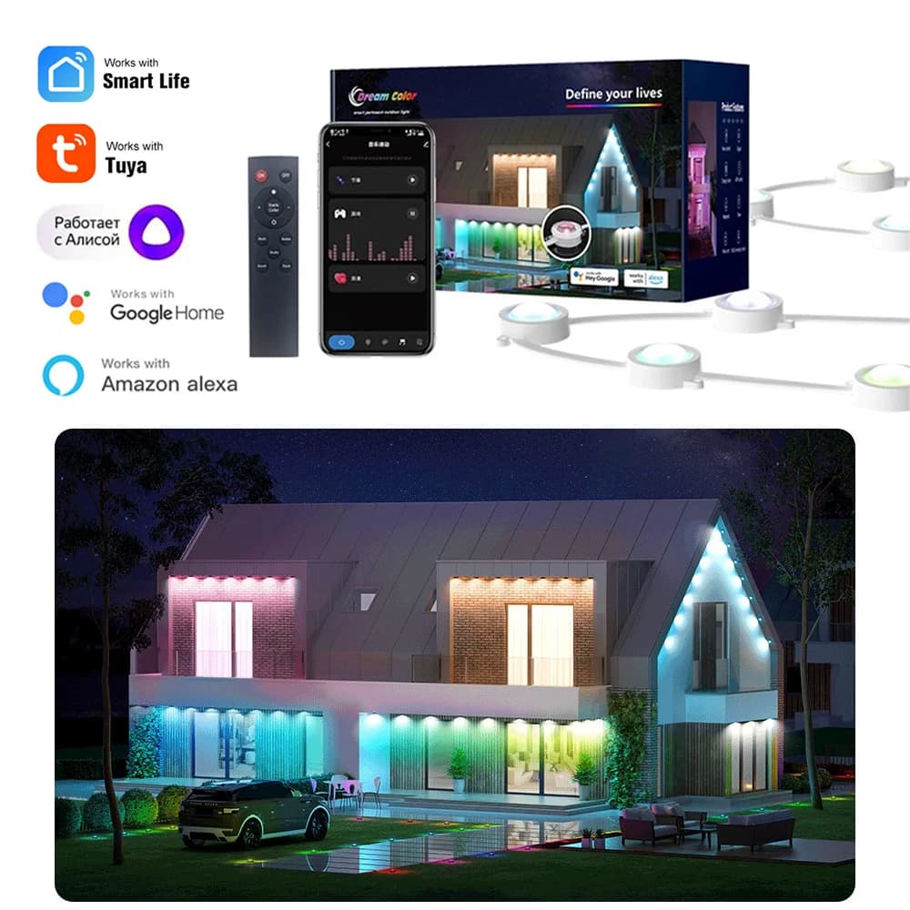 Tuya WiFi Outdoor Eaves Lights,15M 30 LED IP67 impermeabile, RF433,Smart Life fai da te Auto Scene Starry Outdoor Lights funziona con Alexa