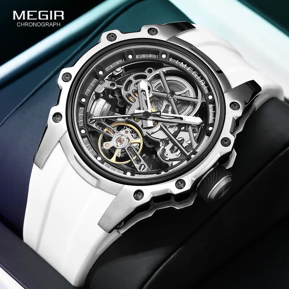 Orologio Meccanico Automatico Sportivo MEGIR per Uomo, Orologio da Polso alla Moda con Cassa in Acciaio Inossidabile e Cinturino in Silicone Bianco, Quadrante Scheletrato