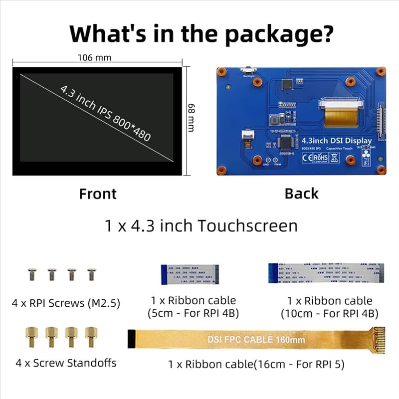 daGLAD per 4.3 inch portable LCD touch screen Rpi5 DSI Capacitive display 800X480 for Raspberry Pi 5 4 3B+ 2