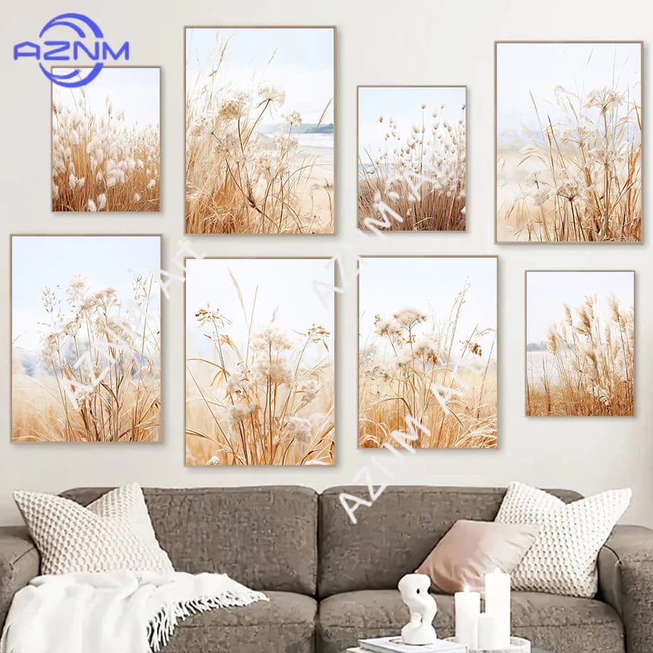 Modern Bohemian Style Beach Shore Reed Dandelion Neutral Art Minimalist Poster Canvas Paintings Wall Art Pictures Home Decor
