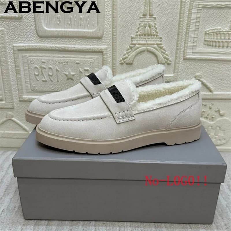 ABENGYA 2025 Mocassini invernali in pelle scamosciata Scarpe basse da donna Fodera in lana Scarpe basse calde Street Casual Slip On Scarpe da passeggio comode