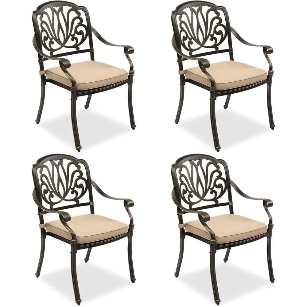 4 Piece Outdoor Bistro Dining Chair Set, All-Weather Cast Dining Chairs with Cushion, Stackable & Easy to Store urniture or Pati