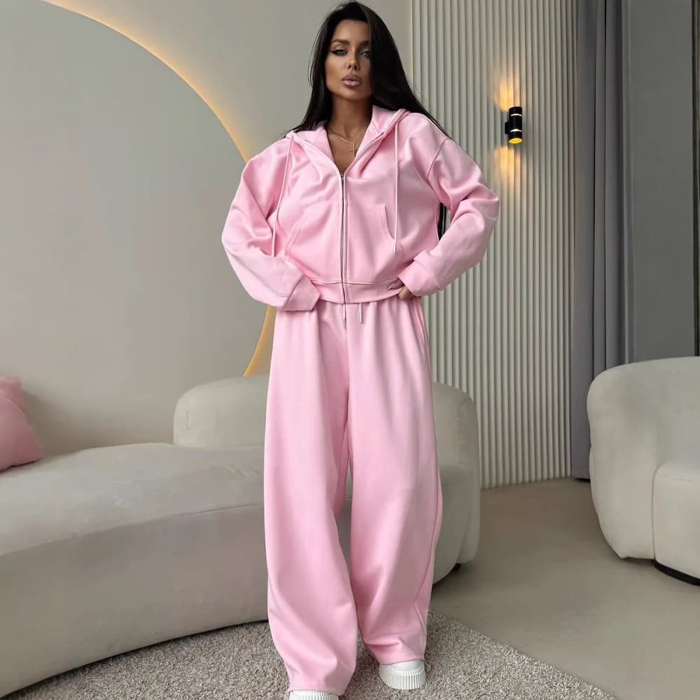 Set loungewear da donna in due pezzi, felpa con zip e pantaloni a gamba larga, tuta casual oversize per l'uso quotidiano