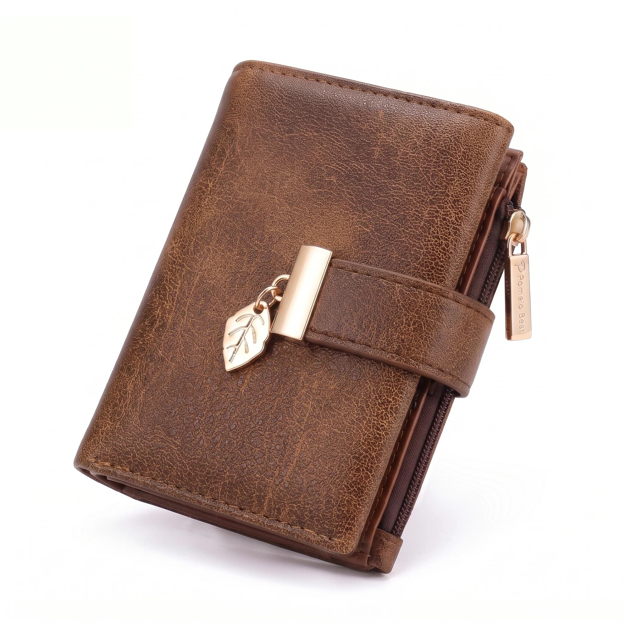Pomelo Best Women Trifold PU Leather Wallet RFID Blocking Leaf Pendant 7 Card Slots ID Window Zipper Coin Pocket Short Purse