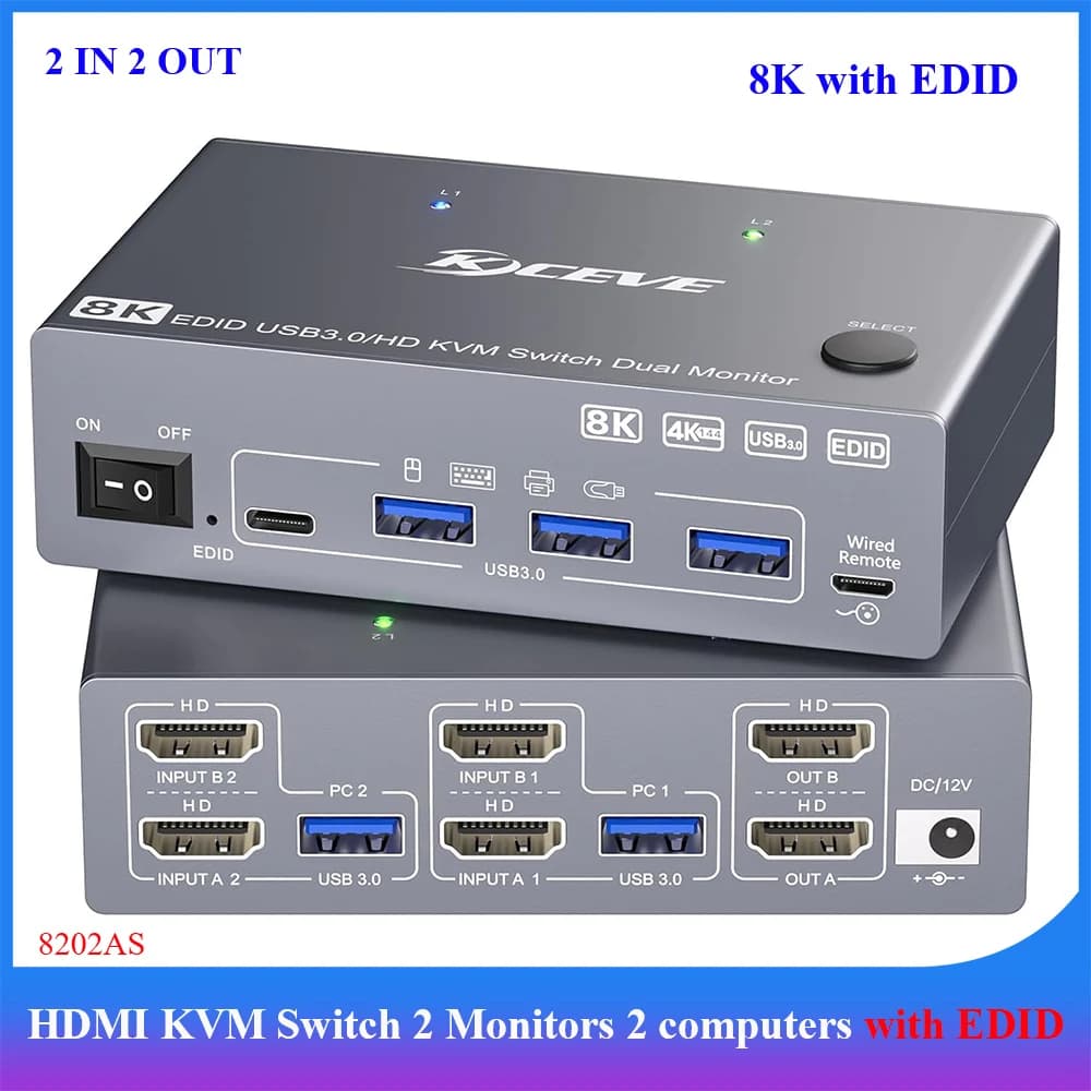 Switch KVM 8K per 2 Monitor e 2 Computer, HDMI con EDID, KCEVE USB 3.0 HDMI2.1, Switch KVM per Monitor Doppio, Condivisione Tastiera e Mouse