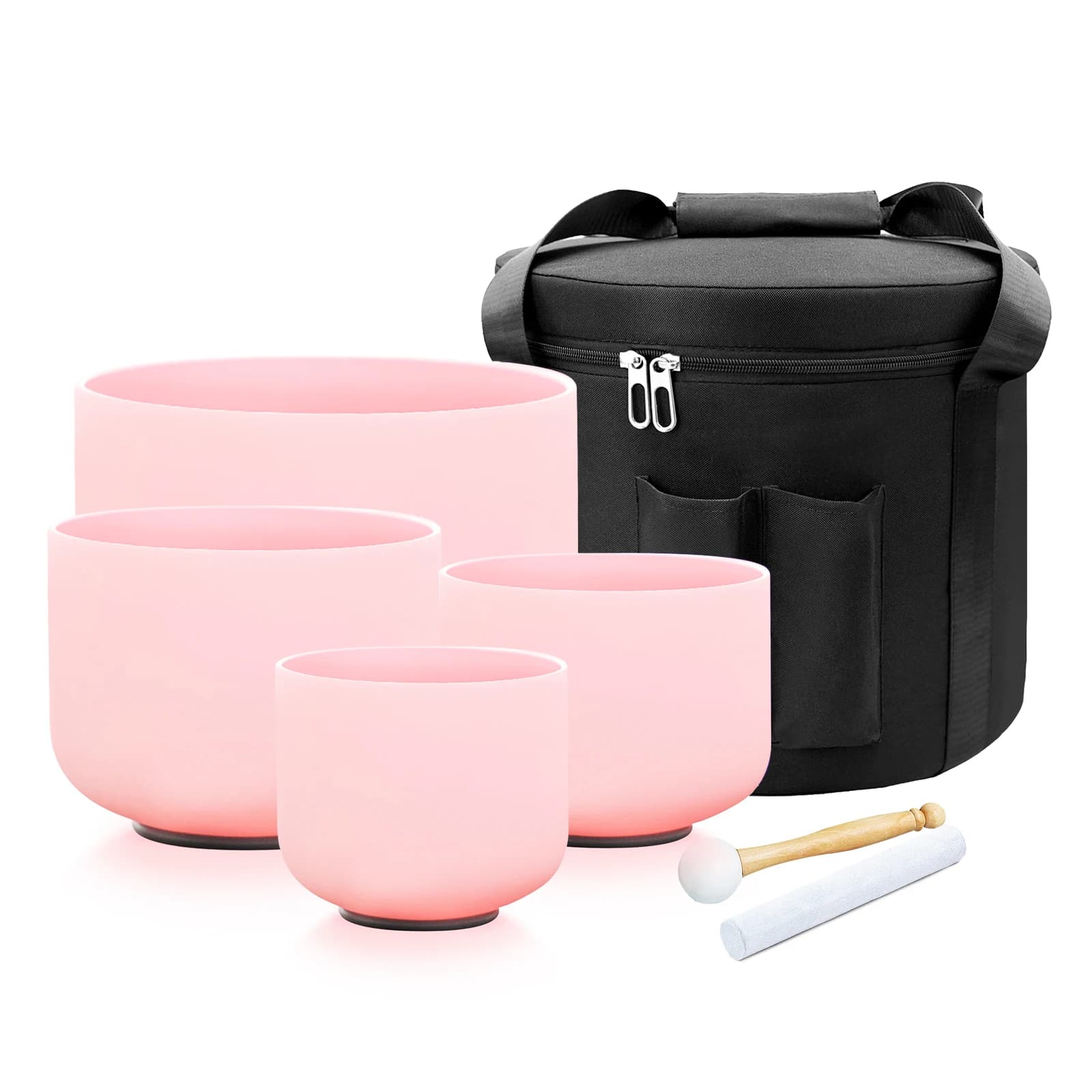 Hye-eun 4pcs Pink Frosted Quartz Crystal Singing Bowl Chakra Set 440hz/432hz with Beige Bag
